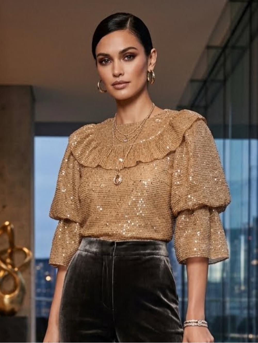 Chelsea & Violet Gold Sequin Ruffle Sleeve Top